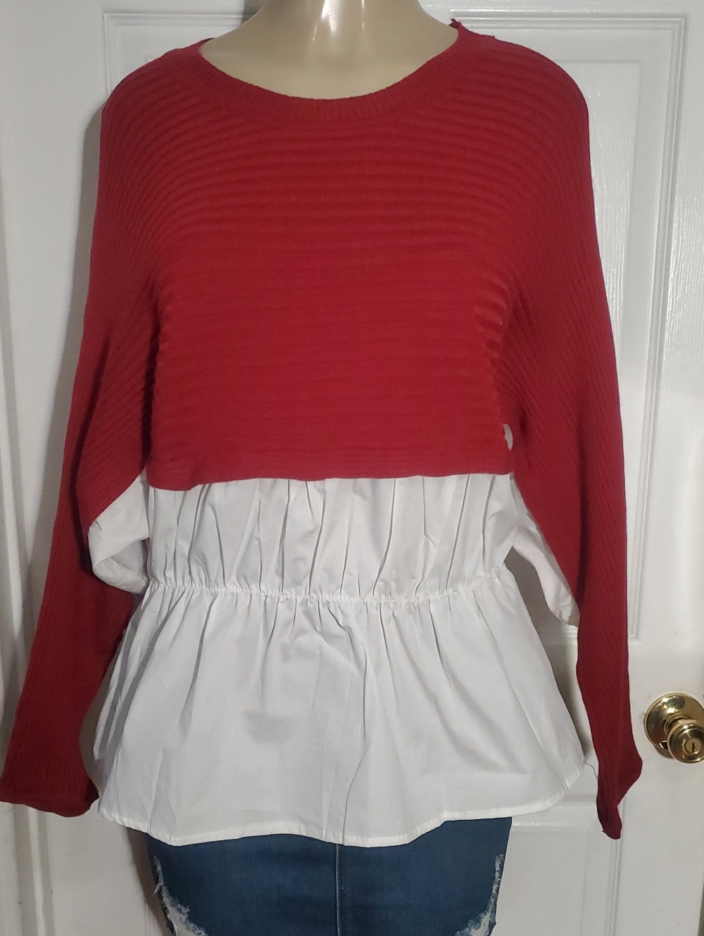 burgundy Layered Knit Top with White Peplum
